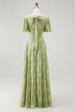 Verde Floral Uma Linha Vestido Dama de Honra Manga Curta
