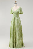 Verde Floral Uma Linha Vestido Dama de Honra Manga Curta