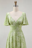 Verde Floral Uma Linha Vestido Dama de Honra Manga Curta