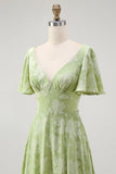 Verde Floral Uma Linha Vestido Dama de Honra Manga Curta