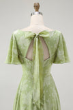 Verde Floral Uma Linha Vestido Dama de Honra Manga Curta