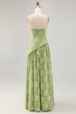 Vestido de dama de honra verde Sage estampado sem alças floral com fenda