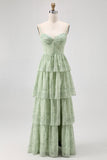 Vestido de Dama de Honor Comprido com Alças Finas e Estampado Floral de Verde Sálvia