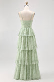 Vestido de Dama de Honor Comprido com Alças Finas e Estampado Floral de Verde Sálvia