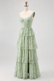 Vestido de Dama de Honor Comprido com Alças Finas e Estampado Floral de Verde Sálvia