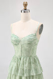Vestido de Dama de Honor Comprido com Alças Finas e Estampado Floral de Verde Sálvia