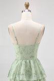 Vestido de Dama de Honor Comprido com Alças Finas e Estampado Floral de Verde Sálvia