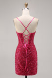 Brilhante Fuchsia Bodycon Espartilho Mini Vestido Cocktail