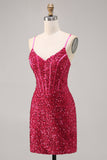 Brilhante Fuchsia Bodycon Espartilho Mini Vestido Cocktail