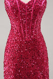 Brilhante Fuchsia Bodycon Espartilho Mini Vestido Cocktail