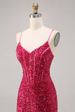 Brilhante Fuchsia Bodycon Espartilho Mini Vestido Cocktail