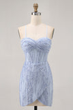 Sparkly Sequins Corset Cinza Azul Bodycon Vestido Curto Homecoming