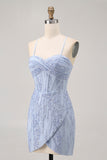 Sparkly Sequins Corset Cinza Azul Bodycon Vestido Curto Homecoming