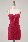 Sparkly Sequins Fuchsia Esparguete Correias Short Tight Homecoming Dress