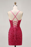 Sparkly Sequins Fuchsia Esparguete Correias Short Tight Homecoming Dress