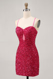 Sparkly Sequins Fuchsia Esparguete Correias Short Tight Homecoming Dress