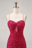 Sparkly Sequins Fuchsia Esparguete Correias Short Tight Homecoming Dress