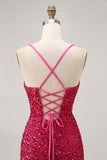 Sparkly Sequins Fuchsia Esparguete Correias Short Tight Homecoming Dress