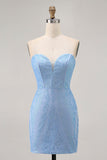 Blue Bodycon Strapless frisado vestido curto Homecoming