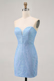 Blue Bodycon Strapless frisado vestido curto Homecoming