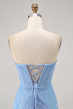 Blue Bodycon Strapless frisado vestido curto Homecoming