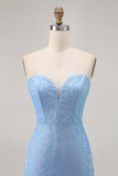 Blue Bodycon Strapless frisado vestido curto Homecoming