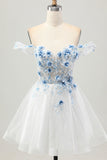 Flor azul branca A-Line fora do espartilho ombro vestido curto Homecoming