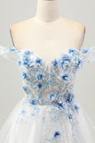 Flor azul branca A-Line fora do espartilho ombro vestido curto Homecoming