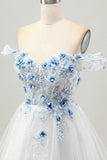 Flor azul branca A-Line fora do espartilho ombro vestido curto Homecoming