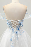 Flor azul branca A-Line fora do espartilho ombro vestido curto Homecoming