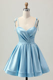 Cetim Azul Uma Linha Esparguete Curto Correias Homecoming Dress