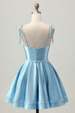 Cetim Azul Uma Linha Esparguete Curto Correias Homecoming Dress