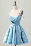 Cetim Azul Uma Linha Esparguete Curto Correias Homecoming Dress