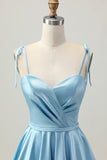 Cetim Azul Uma Linha Esparguete Curto Correias Homecoming Dress