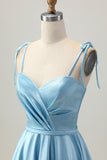 Cetim Azul Uma Linha Esparguete Curto Correias Homecoming Dress