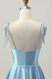 Cetim Azul Uma Linha Esparguete Curto Correias Homecoming Dress