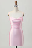 Blush Pink Bodycon Esparguete Correias Vestido Curto Homecoming com Renda Up Back