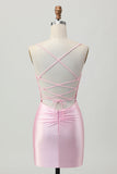 Blush Pink Bodycon Esparguete Correias Vestido Curto Homecoming com Renda Up Back