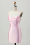 Blush Pink Bodycon Esparguete Correias Vestido Curto Homecoming com Renda Up Back