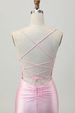 Blush Pink Bodycon Esparguete Correias Vestido Curto Homecoming com Renda Up Back