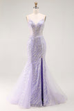 Sereia Lantejoulas roxo longo vestido de baile com fenda