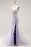 Sereia Lantejoulas roxo longo vestido de baile com fenda