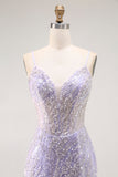 Sereia Lantejoulas roxo longo vestido de baile com fenda