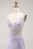 Sereia Lantejoulas roxo longo vestido de baile com fenda