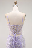 Sereia Lantejoulas roxo longo vestido de baile com fenda