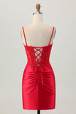 Alças de espaguete vermelho escuro frisado curto apertado Homecoming vestido com renda para trás