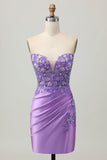Bodycon azul claro espartilho sem alças Ruched Sequins Vestido Curto Homecoming