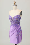 Sparkly Purple Bodycon Espartilho sem alças Ruched Sequins Short Homecoming Dress