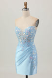 Bodycon azul claro espartilho sem alças Ruched Sequins Vestido Curto Homecoming