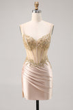 Champagne Espartilho de Cetim Homecoming Vestido com Sequins